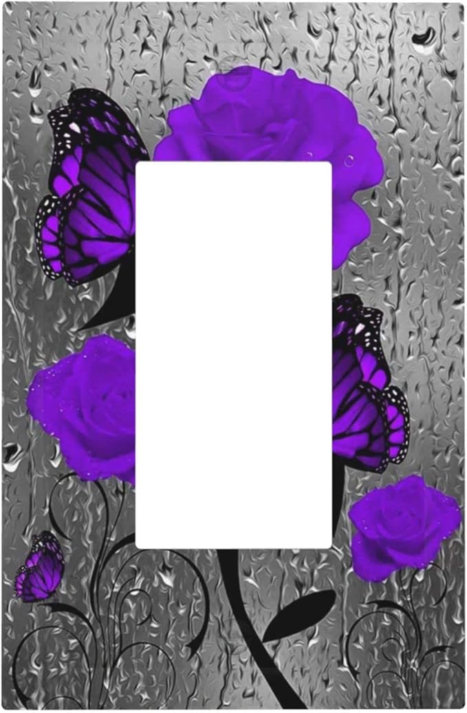 Purple Rose Flower with Butterfly in Rainy Day 1 Gang Rocker/Decor Outlet Light Switch Wall Plate Cover Faceplate Decorative Floral Rose Faceplate Purple Rose and Butterfly Girls Bathroom Decorate