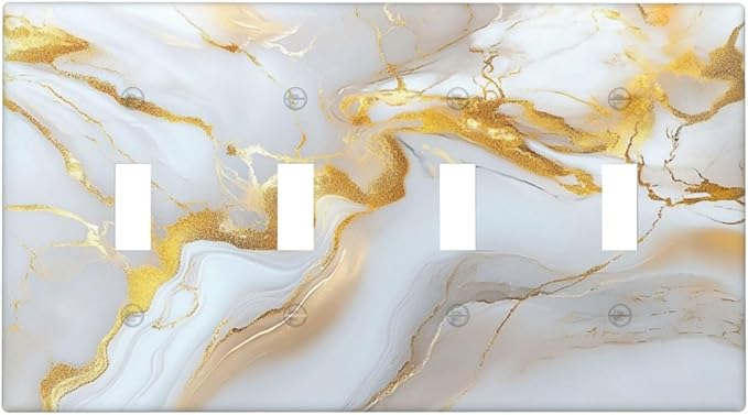 Decorative Switch Plate Cover Abstract Gold Marble Design with White & Gold 4 Gang Artistic Wall Plate Unique Quad Toggle Light Switch Covers for Modern Luxurious Decor