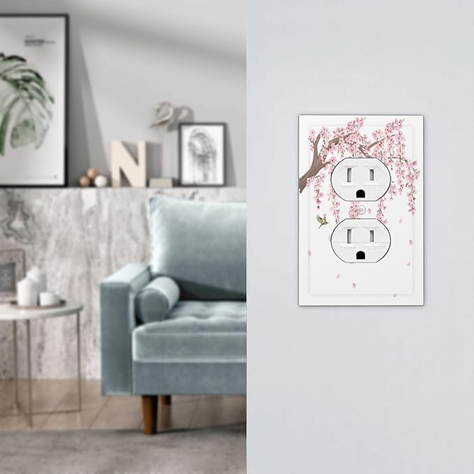 Pink Flower Tree Branch Cherry Blossom Tree Floral Birds Outlet Covers 1 Gang Duplex Light Switch Cover Decorative Switch Plates Electrical Receptacle Faceplate Wall Plate for Bedroom Living Room