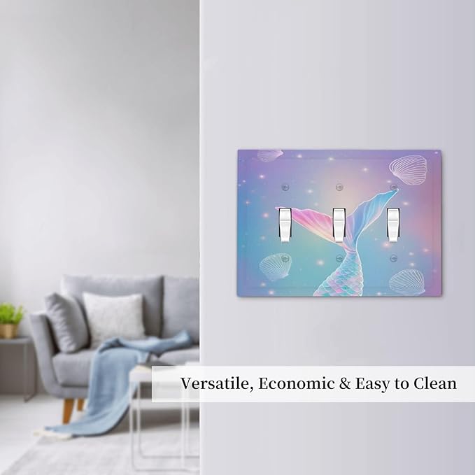 Cute Mermaid Pink Tail Scales Shells Colorful Ocean Decorative Switch Plates 3 Gang Wall Plate Triple Toggle Light Switch Cover Faceplate Electrical Wall Panels for Kids Room Nursery Decor