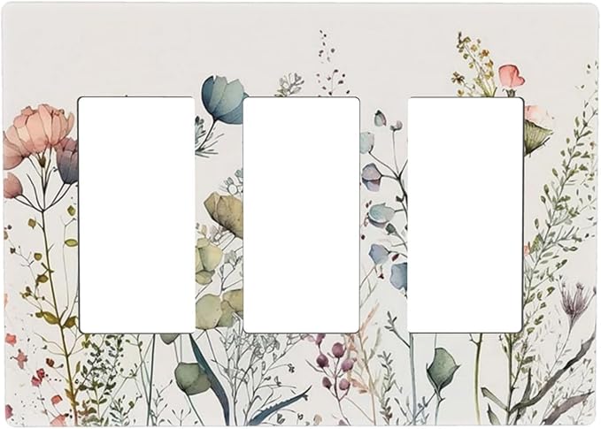 Decorative Flowered Art Triple Decorator Outlet Light Switch Cover 3 Gang Tan/Beige Butterfly Floral, Watercolor Blossom Spring Wild flower GFCI/Rocker Wallplate Electric Switchplate Dimmer Screwless