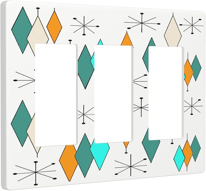 Teal/Green/Aqua/Blue/Orange Geometric Triple Decorator Light Switch Cover 3-Gang 60S Boho Atomic Diamond Decorative GFCI/Rocker Device Switch Wallplate Faceplate Cover for Dimmer Screwless, USB Outlet