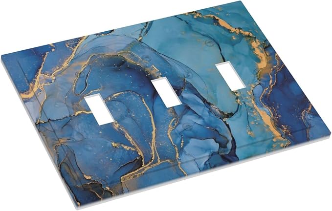 Blue Marble Triple Toggle Light Switch Cover Decorative 3 Gang Wall Plates Modern Ombre Watercolor Ink Art Electrical Faceplate for Decor Bathroom Kitchen Bedroom