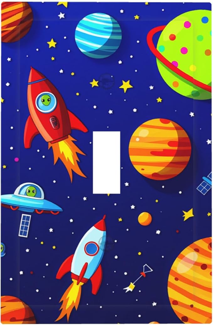 Planets Rockets & Aliens 1-Gang Toggle Light Switch Plate, Cosmic Space Decorative Wall Plate for Boys Bedroom