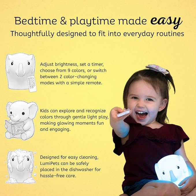 LumiPets Eggbert the Elephant Squishy Night Light for Kids | Silicone Nightlight with Tap, Remote Control | Rechargeable Color Changing Animal Light for Girls & Boys | Portable Mood Lamp With USB Cord