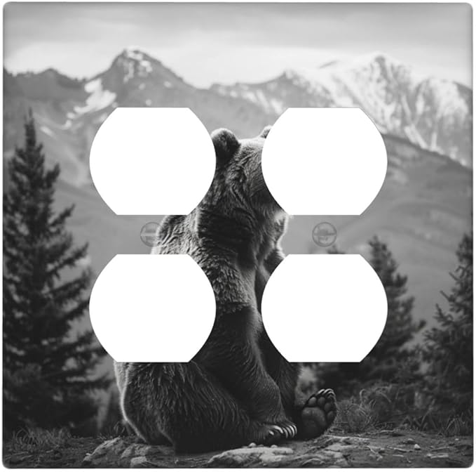 Decorative Outlet Covers Black White Bear Mountain Pine Trees Wilderness 2 Gang Decorative Switch Plate Double Duplex Wall Plates Switch Plates and Outlet Covers for Bathroom Bedroom Decor