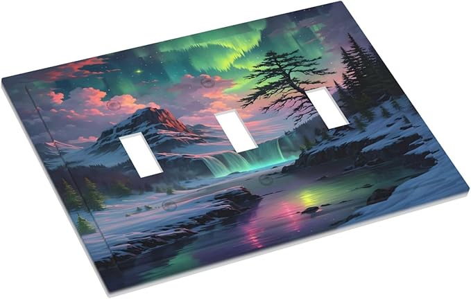 Snow Mountain Aurora Waterfalls Rivers Forest Decorative Switch Plates 3 Gang Wall Plate Triple Toggle Light Switch Cover Faceplate Electrical Wall Panels for Bedroom Living Room Decor
