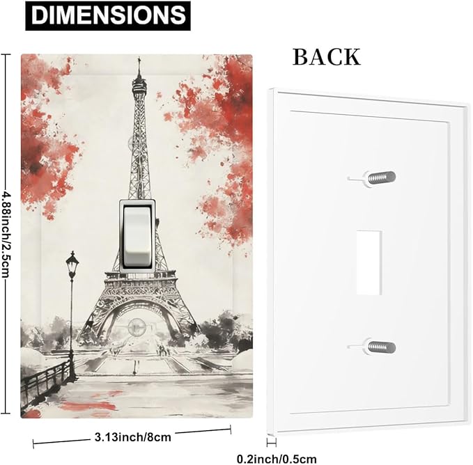 Parisian Watercolor Eiffel Tower 1-Gang Toggle Light Switch Plate, Paris Cherry Blossoms Romantic Vintage French Watercolor Decorative Wall Plate for Bedroom Decor
