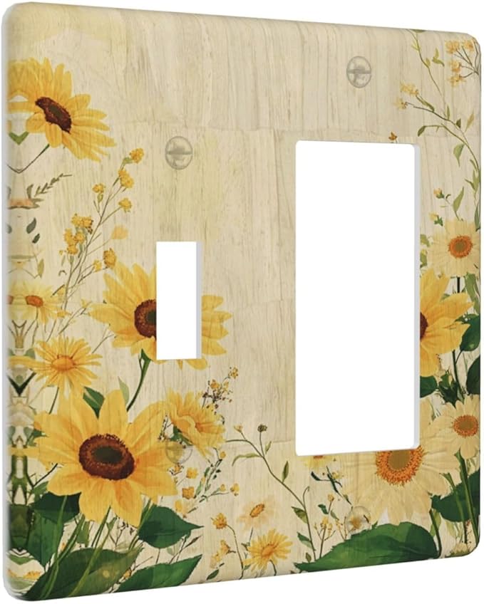 Decorative Toggle Switch Cover Plate with Vintage Botanical Sunflower Field Design 2-Gang 1-Gang Standard Wall Plate Light Switch Cover for Nature Yellow Blooms Wall Decor