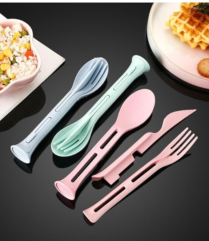 3PCS Wheat Straw Cutlery, Reusable Utensils Set Portable Travel 3 in 1 Spoon Fork Knife Tableware, Eco-Friendly, BPA Free, Flatware for Kids Adults, Travel Picnic Camping (Blue)