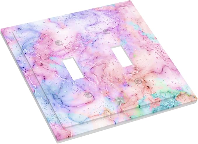 Decorative Switch Plate Covers Cute Marble Texture 2 Gang Double Toggle Light Switch Cover Pink Purple Gold Abstract Electric Wall Plate Dual Device Electrical Faceplate for Kids Girls Nursery Decor