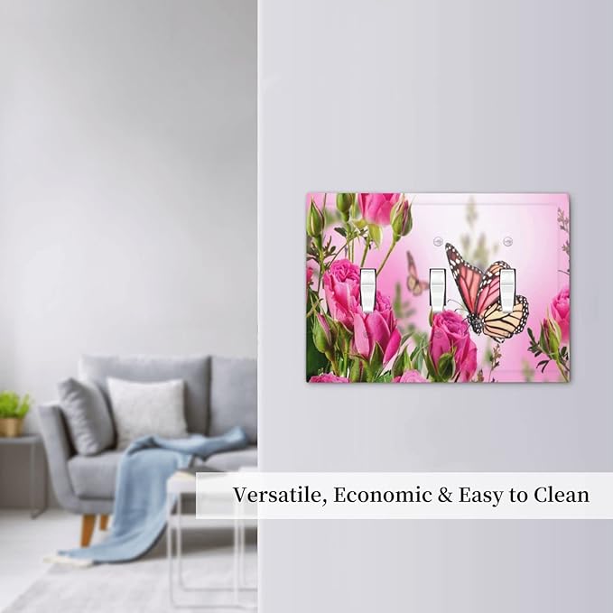 Vintage Pink Wildflower Flower Butterfly Farmhouse Botanical Triple Toggle Light Switch Cover Decorative 3 Gang Wall Plate Switchplate Home Faceplate Rose Butterfly Rustic Barn Kitchen Bathroom Decor