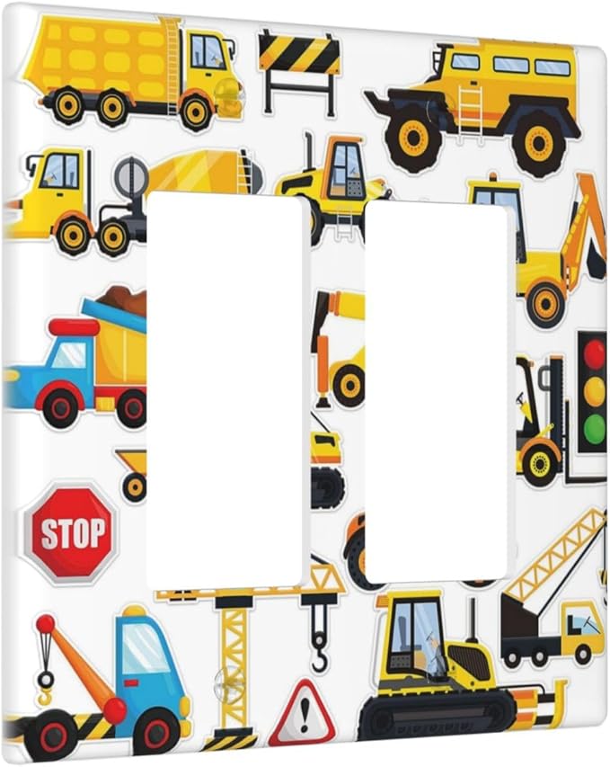 Yellow Truck Cartoon Transportation 2 Gang Rocker Decora Light Switch Cover Decorative Outlet Covers Wall Plate Electrical Faceplate Switchcovers GFCI for Kidroom Bathroom Bedroom Living Room Decor