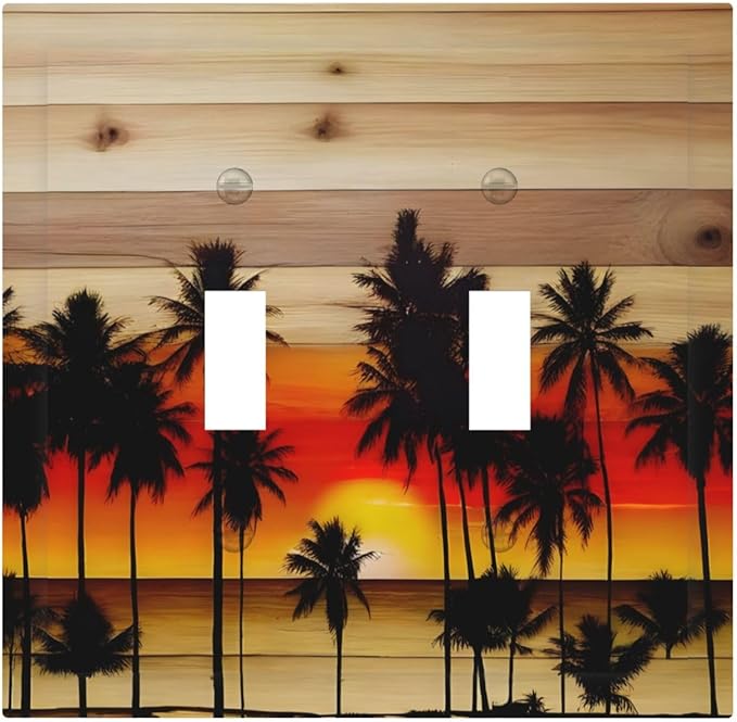 Sunset Beach Coconut Palm Tree Wooden Background Decorative Switch Plates 2 Gang Double Toggle Outlet Light Switch Cover Wall Plate Electrical Faceplate for Bedroom Living Room Decor