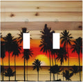 Sunset Beach Coconut Palm Tree Wooden Background Decorative Switch Plates 2 Gang Double Toggle Outlet Light Switch Cover Wall Plate Electrical Faceplate for Bedroom Living Room Decor