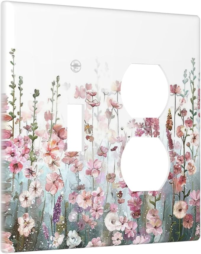Colorful Flowers Pink Floral Watercolor Plant Wallplates 1 Toggle 1 Duplex Switch Plate Electrical GFCI Faceplate Decorative Light Switch Covers for Bed Room Living Room Decor