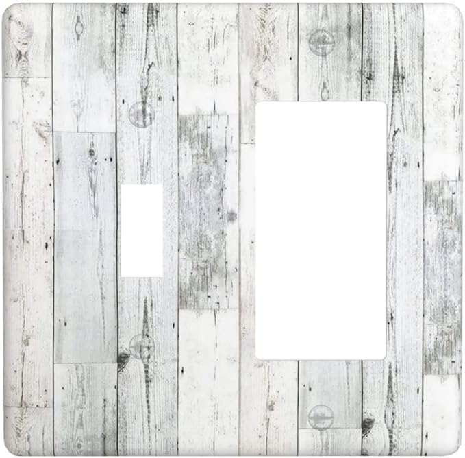 Grey White Wood 2 Gang Single Toggle/Rocker Combination Light Switch Cover Decorative Wall Plate Faceplate Boys Kids Teen Girl Bedroom Room Decorate 4.5" x 4.5