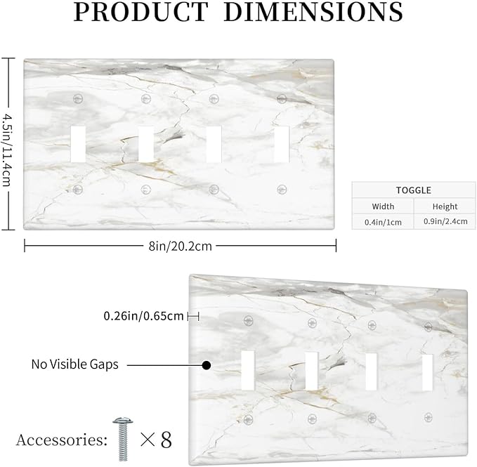 White Marbling Golden Stream Lines Print Light Switch Covers Quad Toggle Electrical Faceplate 4 Gang Wall Plate Decorative Switch Plates Cover for Bathroom Kitchen Decor