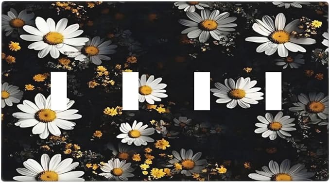 White Black Daisy Wildflower Modern Chrysanthemum Light Switch Covers Quad Toggle Electrical Faceplate 4 Gang Wall Plate Decorative Switch Plates Cover for Bedroom Farmhouse Decor