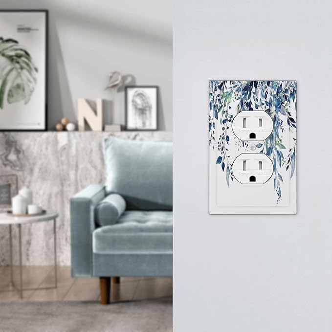 Blue Eucalyptus Watercolor Leaves 1 Gang Outlet Plate Covers Decorative Single Duplex Wall Plate Electrical Receptacle Light Switch Cover Art Faceplate Switchplate for Bedroom Living Room Decor