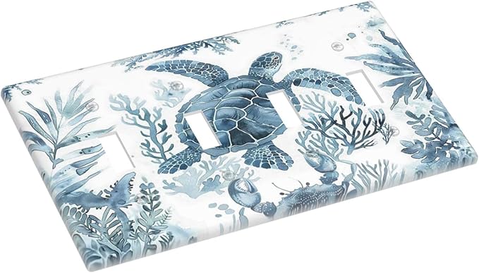 Blue Sea Turtle Coastal Coral Beach Crab Seaweed Light Switch Covers Quad Toggle Electrical Faceplate 4 Gang Wall Plate Decorative Switch Plates for Kids Room Bathroom Decor