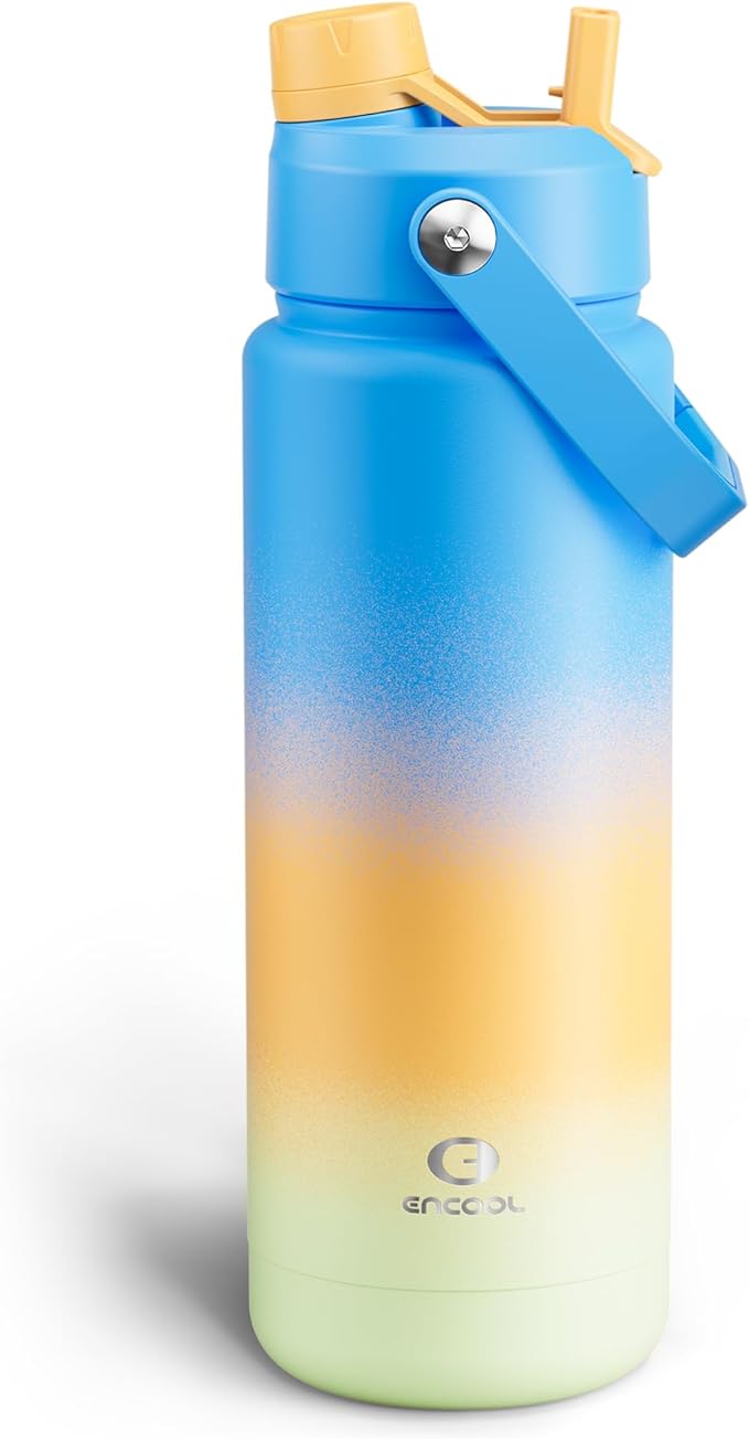 ENCOOL Insulated Water Bottle with Straw Stainless Steel Water Bottle, Leak-Proof, BPA-Free, Double Wall Vacuum Keeps Cold for 24 Hours for Sports, Travel, School (32 oz, Sunny Breeze)