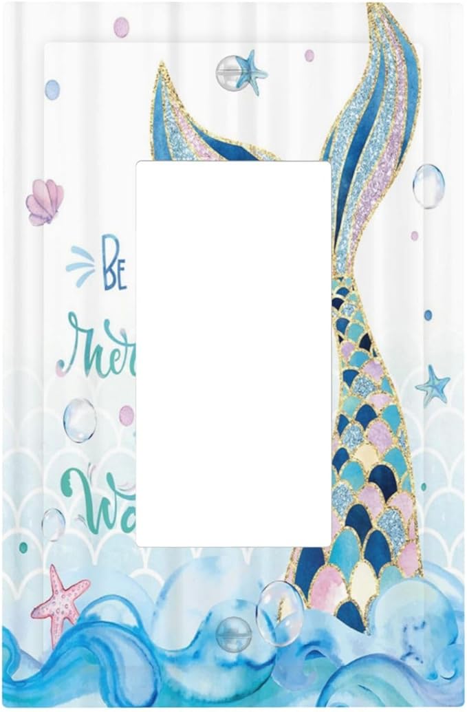 Mermaid Ocean Blue Waves Kids Girl 1 Gang Rocker Light Switch Covers Decorative Single Decora Outlet Wall Plate Faceplate Switchplate GFCI for Kidroom Bathroom Bedroom Decor