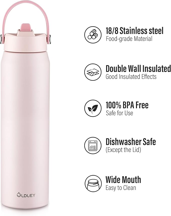 Oldley 32oz Insulated Water Bottle with Straw, Stainless Steel Water Bottle for Sports, Travel, School, BPA-Free Sports Bottles for Adult Kids, Leak-Proof, Pink