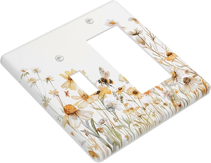 Yellow White Daisy Floral Bee Wild Flower Outlet Covers 1 Toggle 1 Rocker Combination Decorative Wall Plate Electrical Switch Plates Light Switch Cover Plate for Bedroom Living Room Decor