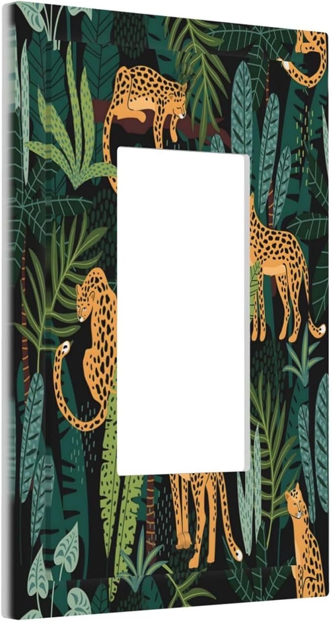 Jungle Cheetah Tropical Wildlife Leopard Green Palm Leaf Decorative Outlet Covers 1 Gang Single Rocker Light Switch Cover Plate Wall Plates GFCI Faceplate for Farmhouse Home Decor