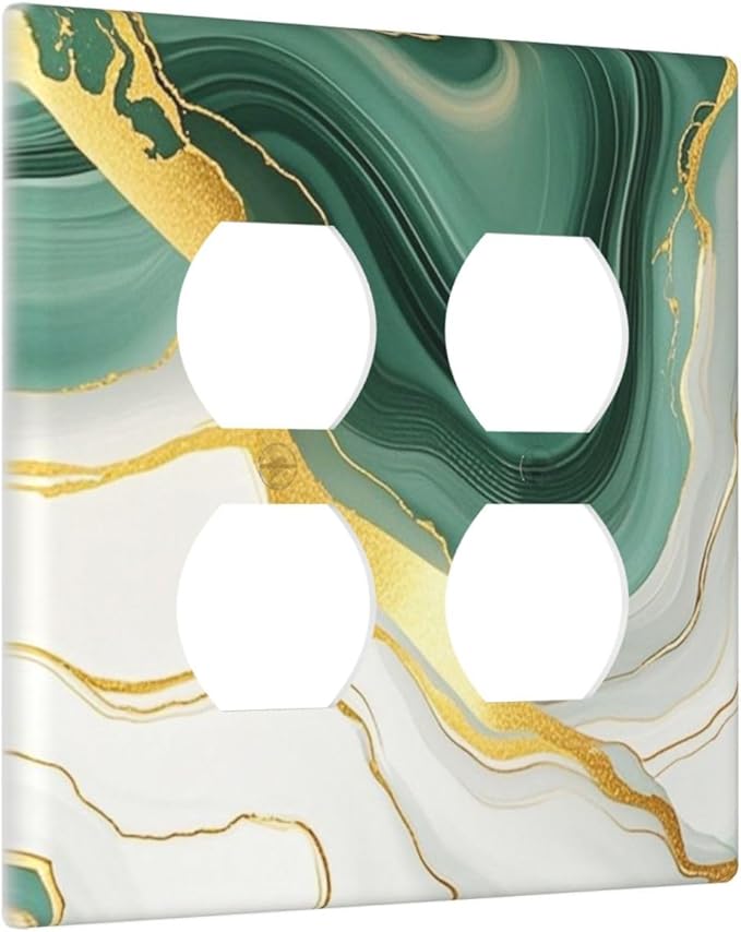 Outlet Covers Turquoise Marble Texture Golden Lines 2 Gang Double Duplex Decorative Light Switch Covers Electrical Wallplates Socket Faceplate For Bed Room Bathroom Decor