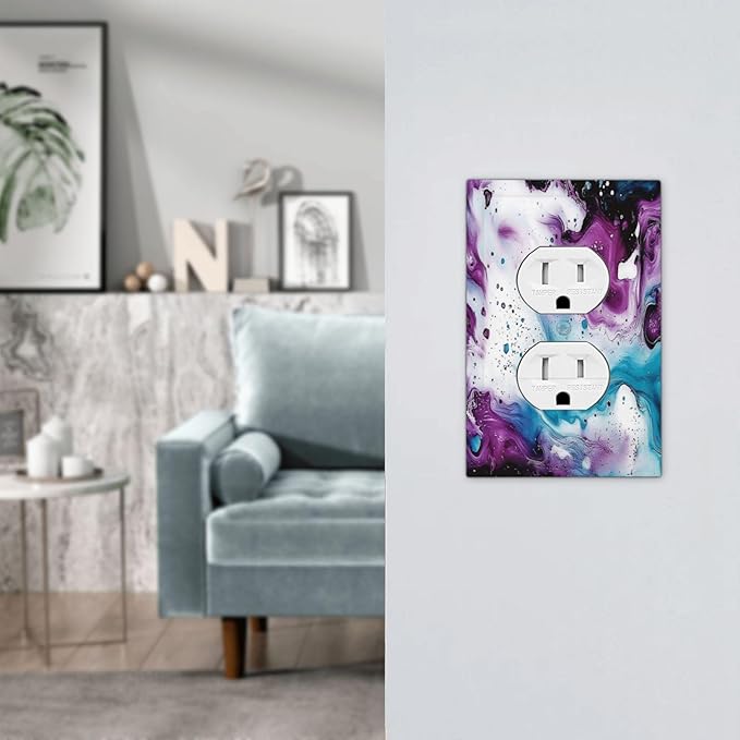 Outlet Covers Purple Blue Swirl Marble Tiles 1 Gang Duplex Light Switch Cover Decorative Switch Plates Electrical Receptacle Faceplate Wall Plate For Bed Room Living Room Decor