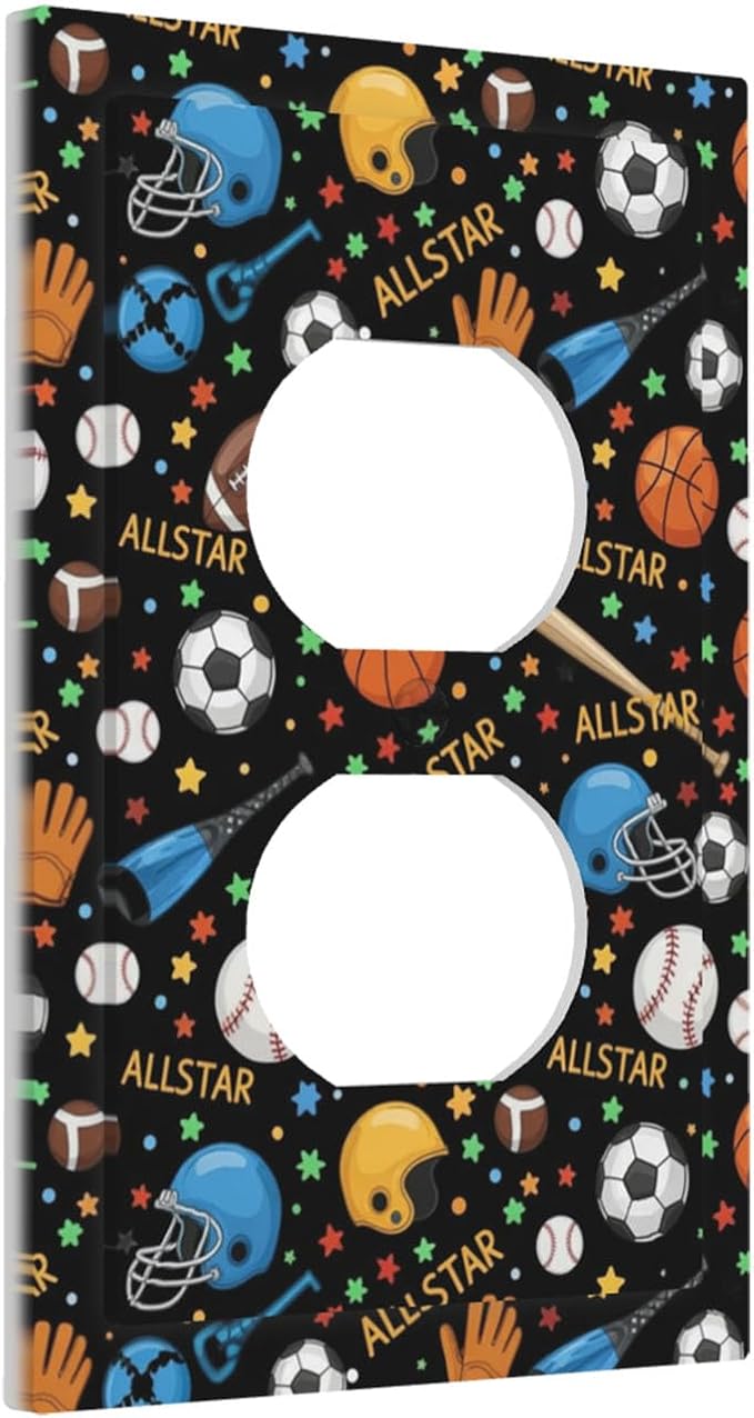All Star Sports Duplex Wall Plate - 1-Gang Standard US Size Multi-Sport Outlet Covers, Football Baseball Basketball for Kids Room Decor