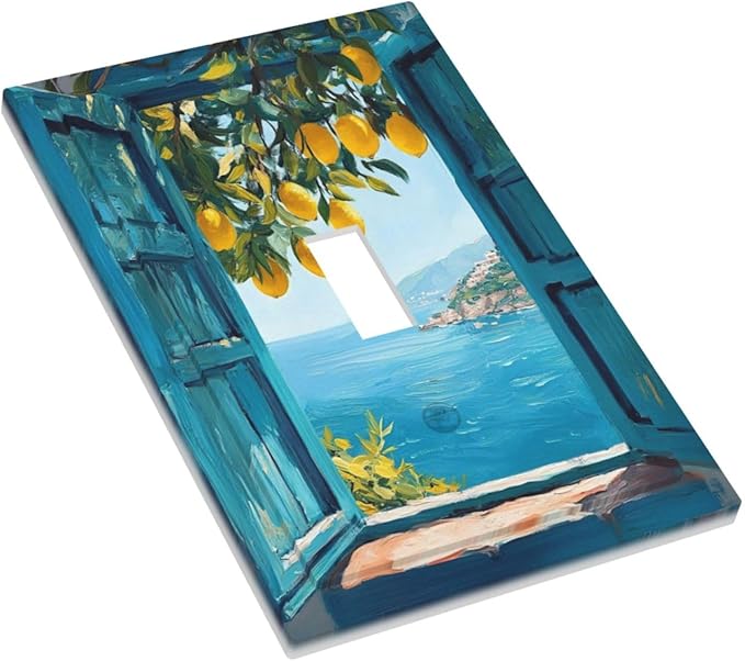 Window View Coastal Lemon Tree Mediterranean Landscape Decorative Light Switch Cover 1 Gang Single Toggle Device Electrical Faceplate Switchplates Decorator Outlet Wall Plate for Bedroom Living Room
