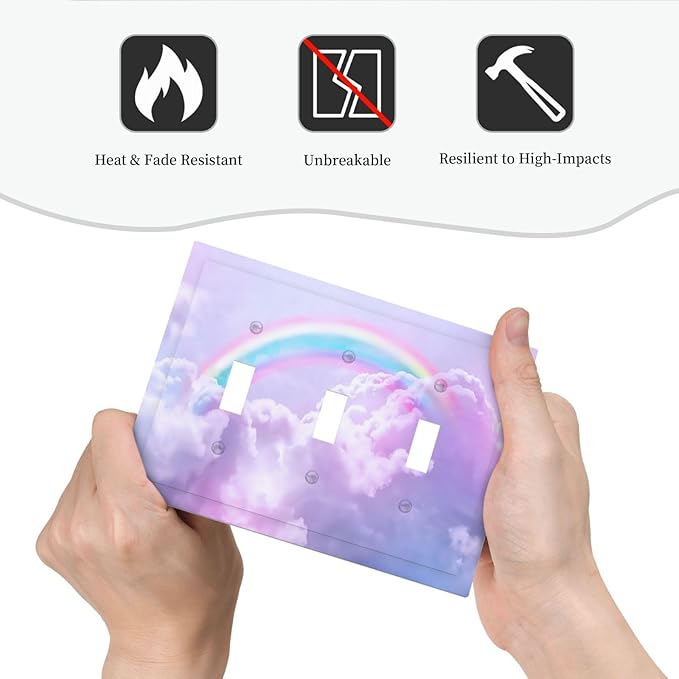 Rainbow in the Clouds Triple Toggle Wall Plates Pink Art Panel 3 Gang Light Switch Cover Decorative Purple Cloud Electrical Switchplate Faceplate Cute Dimmer for Bedroom Kidroom Nursery Decor