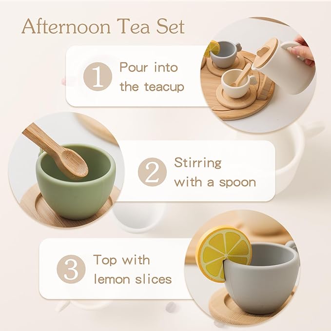 Youuys Wooden Tea Party Set for Toddler 3-5,Kids Tea Sets for Little Girls 4-6, 14pcs Silicone Kitchen Accessories, Pretend Play Montessori Toys with Tray for 3 4 5 6 Year Old Birthday