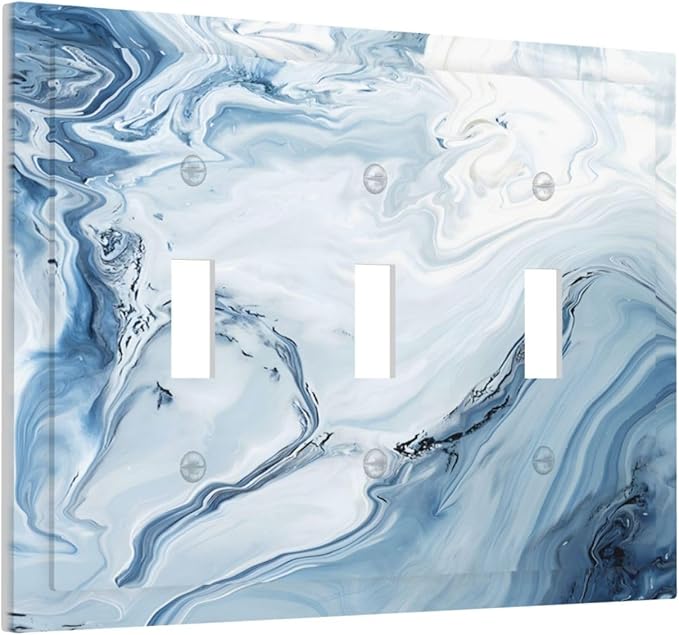 Blue Marble Abstract Ombre Chic Luxury Print Decorative Switch Plates 3 Gang Wall Plate Triple Toggle Light Switch Cover Faceplate Electrical Wall Panels for Bathroom Living Room Decor