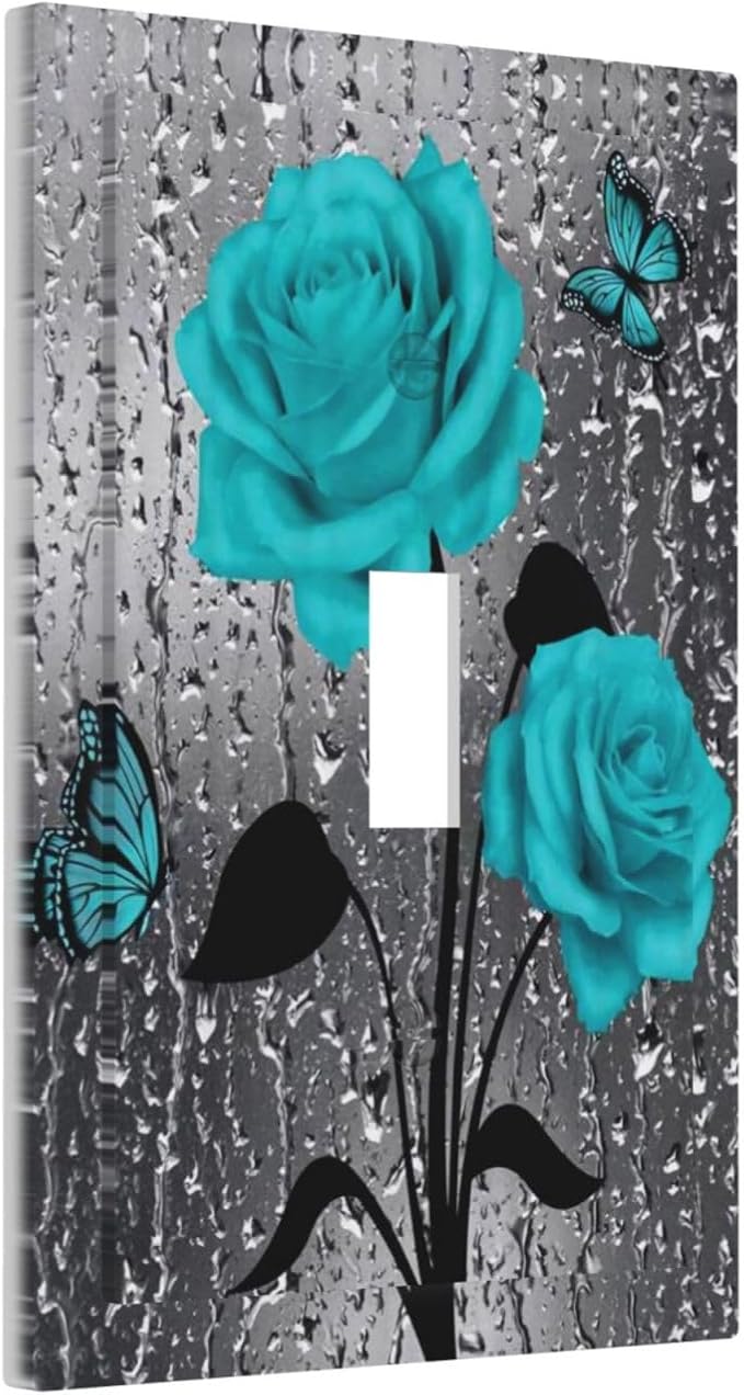 Aqua Teal Blue Floral Rose Flower Decorative 1-Gang Outlet Light Switch Cover Single Toggle Face Wall Plate Romantic Butterfly Women Girl Valentine's Day Lover Electrical Receptacle Cover Mid Size