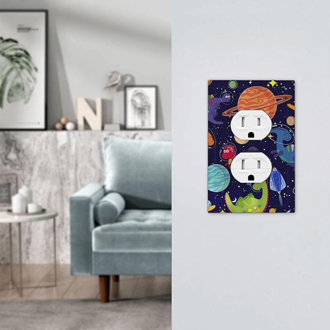 1 Gang Duplex Receptacle Switch Wall Plate Blue Cute Cartoon Dino Kids Dinosaur Universe Galaxy Outer Space Cosmos Planet Nebula Boy Girl Switchplate Mid Electrical Outlet Cover Receptacle Plug Cover