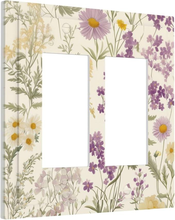 Watercolor Floral Leaves Double Rocker Light Switch Cover Small Purple Flowers Daisies 2 Gang Outlet Covers Switchplates Decorative Electrical Wall Plate for Country Bedroom Living Room Decor