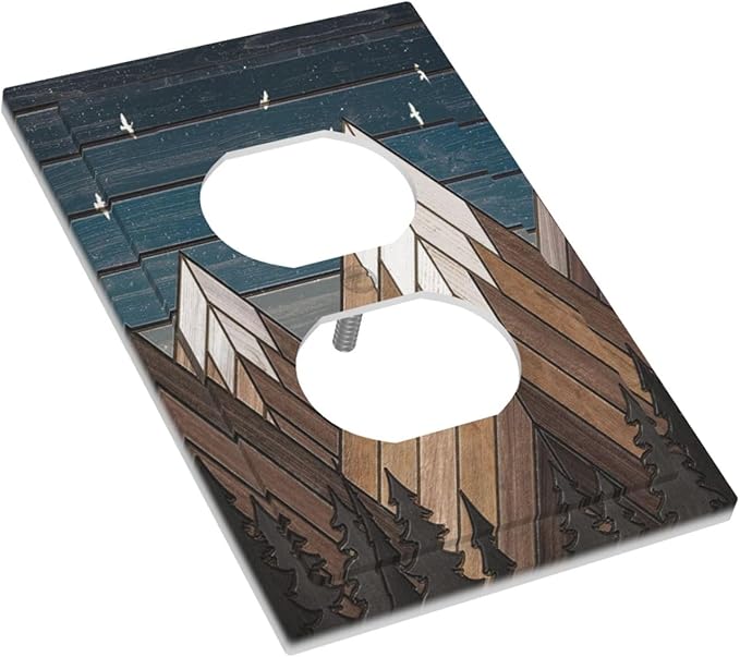 Rustic Geometric Mountain Wilderness Wood 1 Gang Wall Plate Single Duplex Outlet Cover Receptacle Decorative Light Switch Cover Plate Electrical Faceplate Socket for Bedroom Bathroom Kitchen Decor