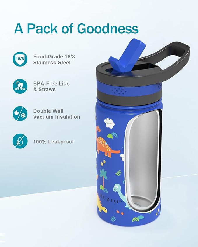 BUZIO Kids Water Bottle with 2 Tritan Straw Lids and a Carrying Pouch for shcool, 14oz Insulated Stainless Steel Toddler Tumbler, Leak Proof Cute Metal Water Bottle Boys Girls, Blue