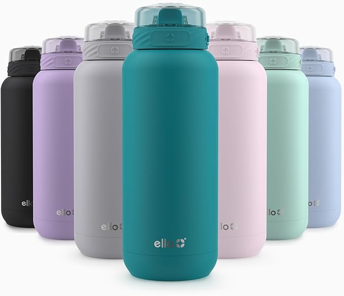 Ello Cooper 22oz Stainless Steel Water Bottle with Straw and Carry Handle, Double Walled and Vacuum Insulated Metal, Leak Proof Locking Lid with Soft Silicone Spout, Reusable, BPA Free, Antigua