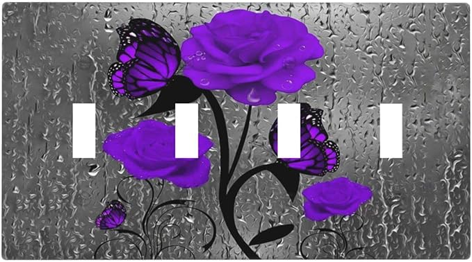 Purple Butterfly Rose Flower 4 Gang Light Switch Cover Decorative Quad Toggle Wall Plate Decorative Electrical Faceplate For Girls Room Bedroom Decorate Screwless 8" x 4.5 Large Size