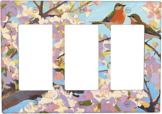 Bird Flower Triple Rocker Wall Plate Decorative 3 Gang Light Switch Covers Electrical Switchplate Home Decorate Faceplat for Bathroom Bedroom Kitchen Room 4.5 x 6.38 Inch