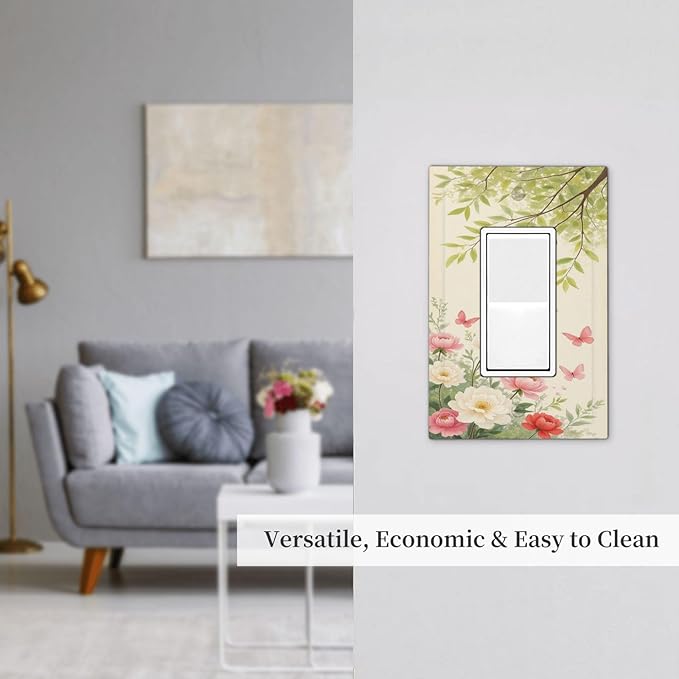 Decorative Outlet Covers Garden Flowers Green Leaves And Butterflies 1 Gang Single Rocker Light Switch Cover Plate Wall Plates GFCI Faceplate for Bedroom Cabin Decor