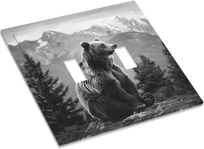 Light Switch Cover Plate Black White Bear Mountain Pine Trees Wilderness 2 Gang Double Toggle Decorative Switch Plates Wall Plates Electrical Faceplate for Bathroom Bedroom Decor