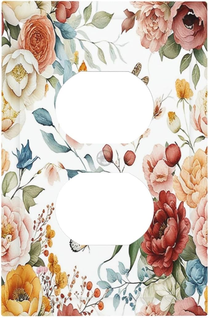 Rustic Style Colorful Peony Butterfly Dragonfly Outlet Covers 1 Gang Duplex Electrical Receptacle Faceplate Light Switch Cover Wall Plate Decorative Switch Plates for Bedroom Living Room Decor