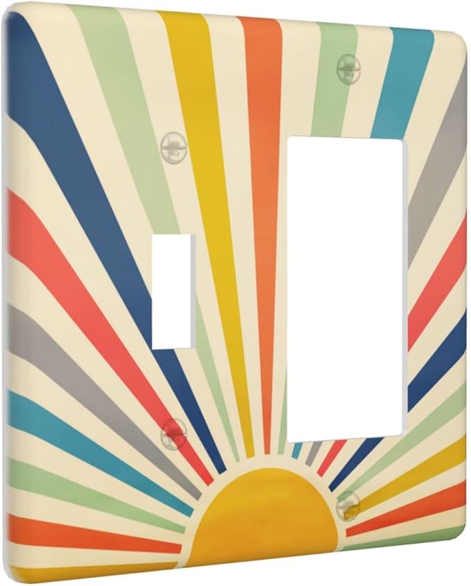 Retro Hippie Boho 60s Sun 2 Gang Combination 1-Toggle 1-Rocker GFCI/Decorator Outlet Light Switch Cover Vintage 70s Mid Century Abstract Sunrise Decorative Combo Two Dual Device Receptacle Wall Plate