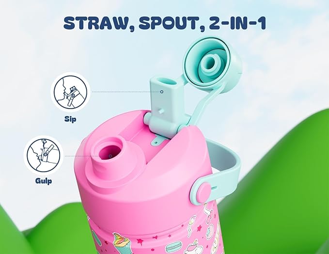 POWCAN 2 Pack 18 oz Insulated Water Bottle for School: Leakproof, 2-in-1 Straw Spout Lid, BPA-Free, Keep Cold 24 Hrs, Stainless Steel Cup for Sports, Trip, Gift (Cute Unicorn & Strawberry Daisy)